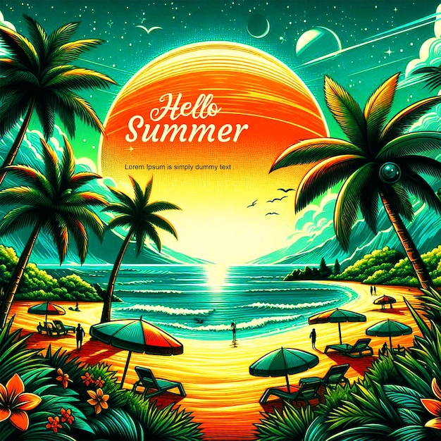 a poster for the movie quot hello summer quot with palm trees and a beach scene