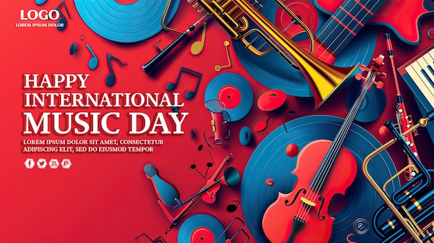 PSD poster for national music day with a trumpet and a musical instrument