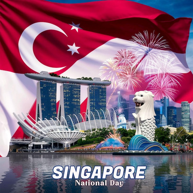 a poster for the national park with a flag and a statue of liberty Happy Singapore National Day