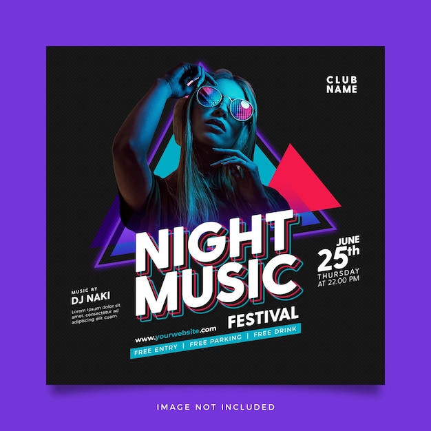 A poster for night music festival with a woman in a neon outfit.