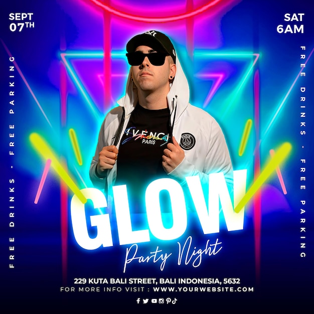 a poster for a party with a man wearing sunglasses and a black shirt