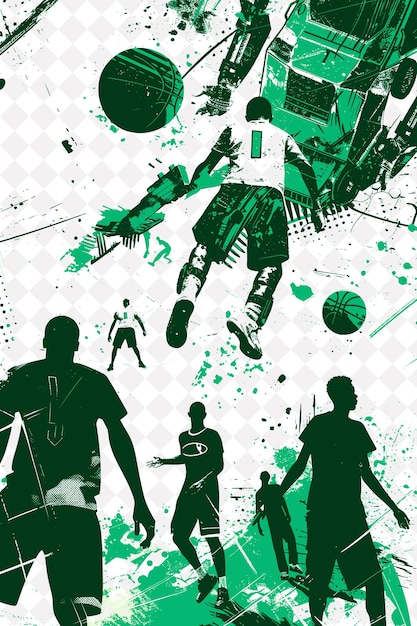 a poster of people playing soccer with a green background with a picture of people playing soccer