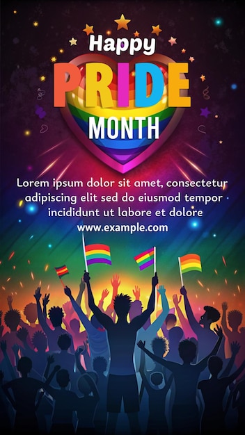 PSD a poster for pride month featuring a crowd of people holding rainbow flags