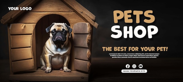 A poster for the pug shed shows a dog inside a wooden house