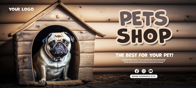 A poster for the pug shed shows a dog inside a wooden house