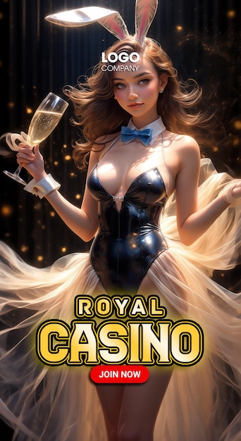 a poster for the queen casino with a glass of champagne