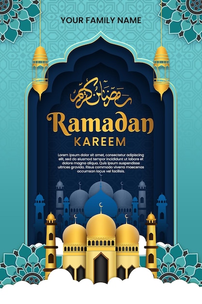 A poster for ramadan kareem with a blue background and a mosque in the background.