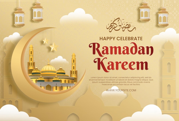 A poster for ramadan kareem with a moon and a mosque on it.