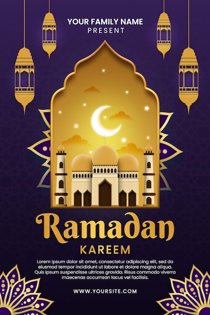 A poster for ramadan kareem with a mosque and a moon.