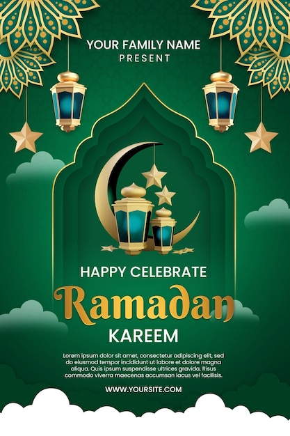 A poster for ramadan with a green background and a green lantern with the words happy celebrate ramadan.