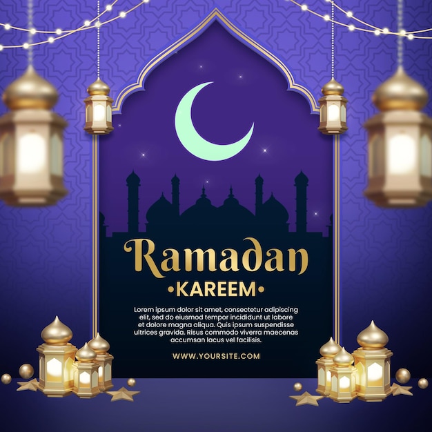 A poster for ramadan with a lantern and a banner for ramadan.