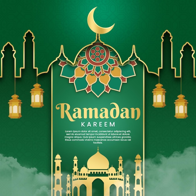 A poster for ramadan with a lantern and a green background.