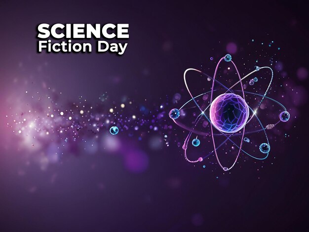 PSD a poster for science day with a purple background with a purple and blue atom design