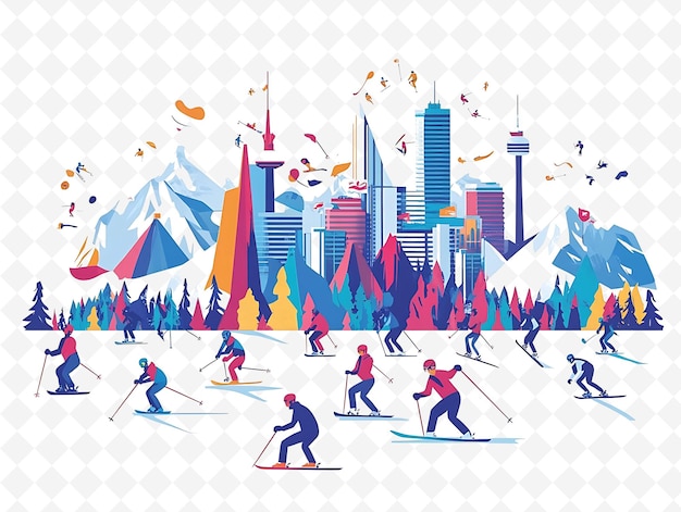 a poster of skiers with the city behind them