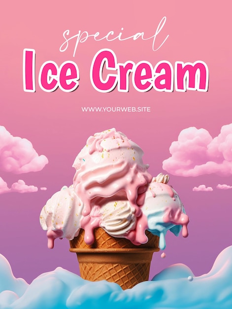 A poster for special ice cream with pink and blue icing.