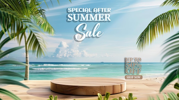 a poster for special sale shows a tropical beach with palm trees and the ocean in the background