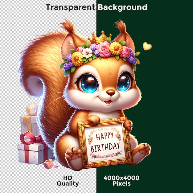 PSD a poster for a squirrel with a picture of a squirrel with a frame that says happy birthday