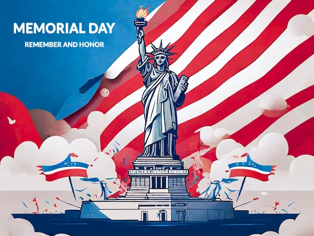 a poster of the statue of liberty with a flag of Memorial Day