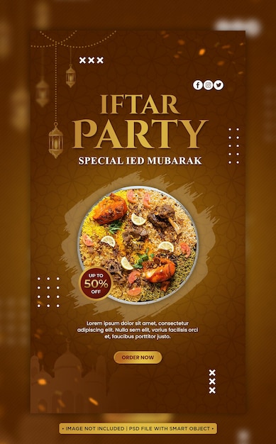 PSD a poster story social media template for iftar party special led mubarak