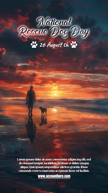 PSD a poster for the summer of august with a man and dog on the beach