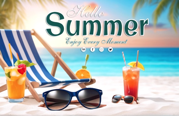 a poster for summer beach with sunglasses and a beach chair