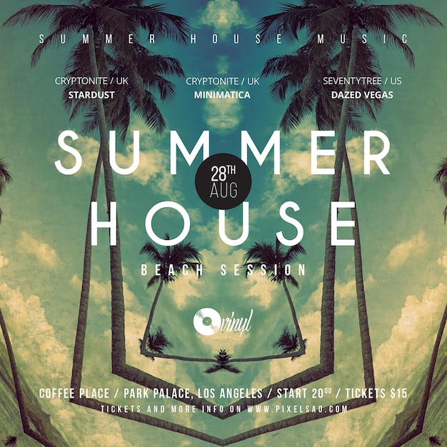 PSD a poster for summer house with palm trees and a sign that says summer house