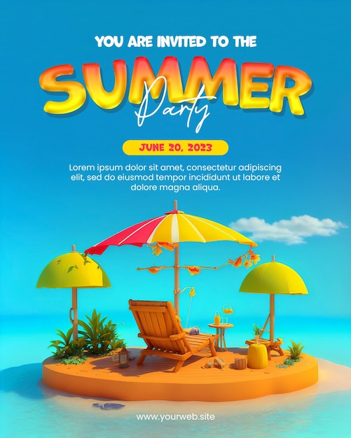 A poster for a summer party with a beach umbrella and a chair