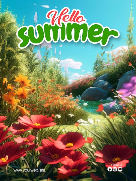 A poster for a summer party with flowers and a stream