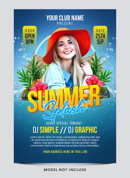 PSD a poster for summer party with a woman wearing a red hat