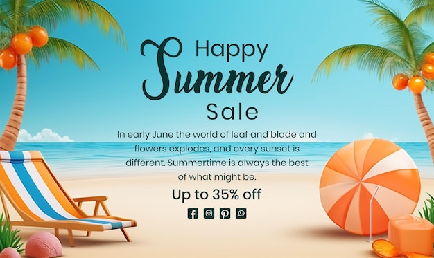 a poster for summer sale with a palm tree and beach chairs