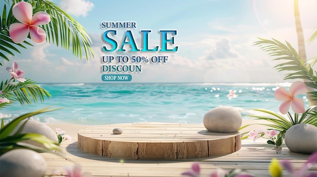 a poster for summer sale with a palm tree on the beach