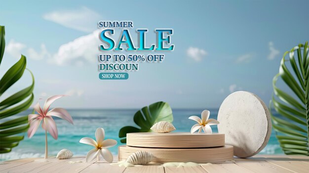 PSD a poster for summer sale with a palm tree on the beach