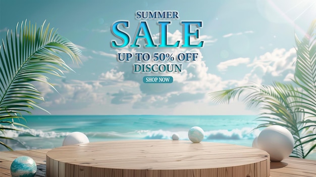 a poster for summer sale with palm trees and a beach in the background