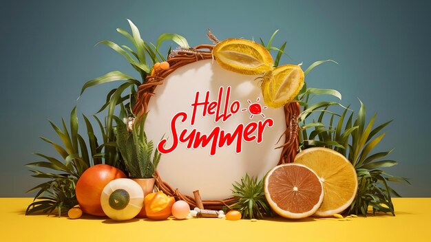 PSD a poster for the summer season with summer element and colorful picture of beach scene