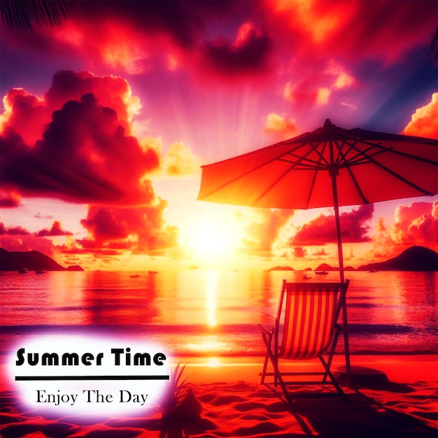 PSD a poster for summer time with a beach chair and an umbrella