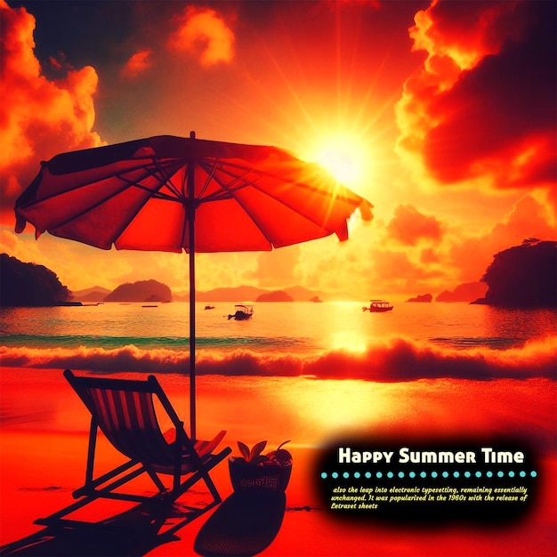 a poster for summer time with a beach scene and a beach chair and umbrella