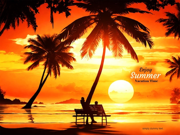 a poster for summer time with a couple sitting on a bench and a sunset