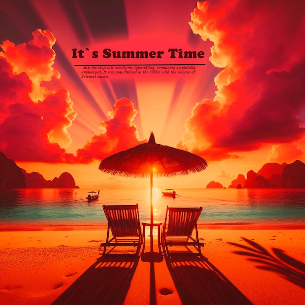 a poster for summer time with two beach chairs and an umbrella