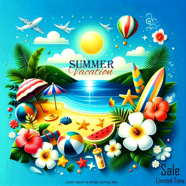 a poster for summer vacation time with a beach scene in the background