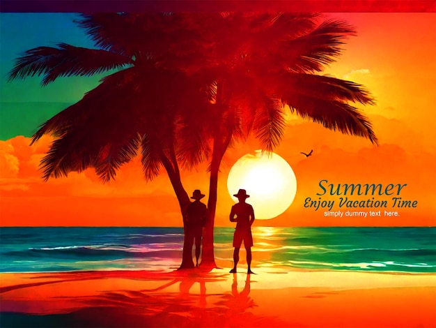 a poster for summer vacation with a palm tree and a sunset