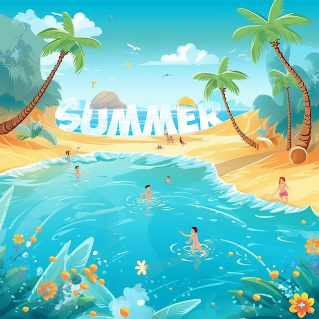 A poster for summer with a beach scene and the word summer on it.