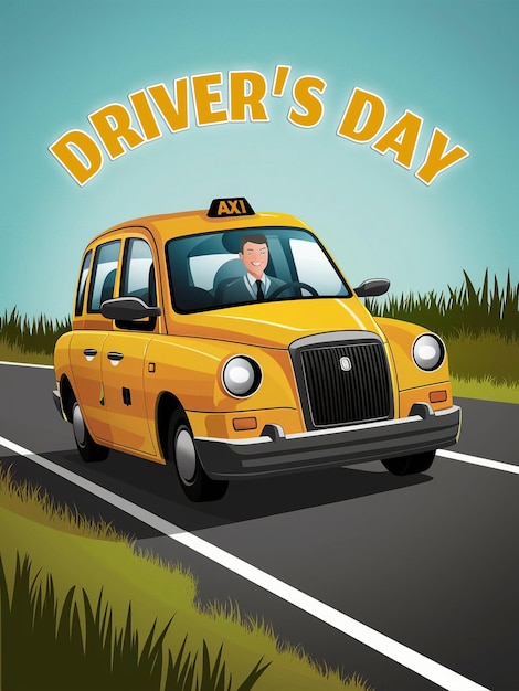 PSD a poster for a taxi driver with a man driving a yellow taxi