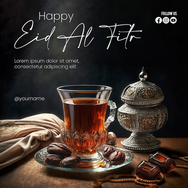 A poster for a tea party with a cup of tea and a teapot with the words happy eid all fit