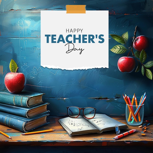 PSD a poster for teacher day is displayed on a table with books and pencils