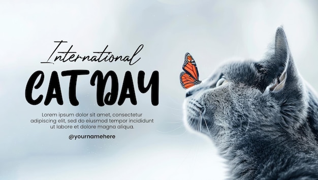 PSD a poster template for international cat day with a cute cat background