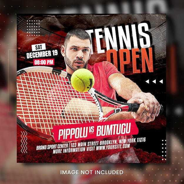 A poster for a tennis open with a man playing a game.