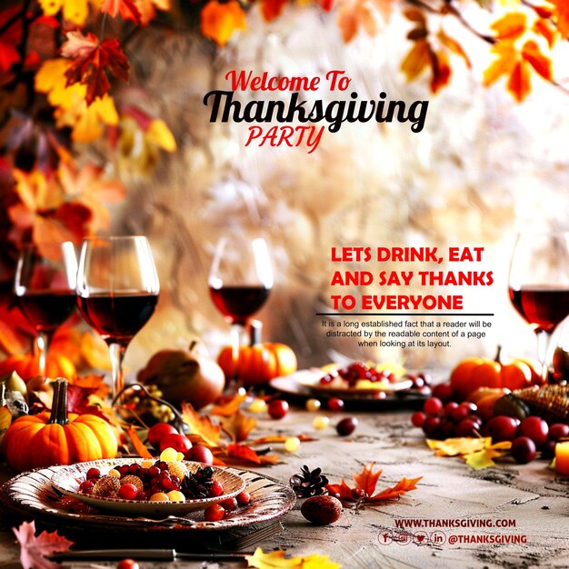 PSD a poster for thanksgiving dinner with a plate of thanksgiving dinner and a plate of wine glasses