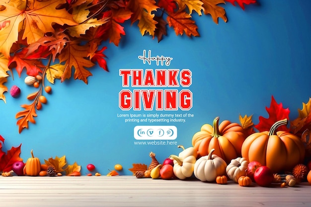 a poster for the thanksgiving season with a blue background with a bunch of pumpkins