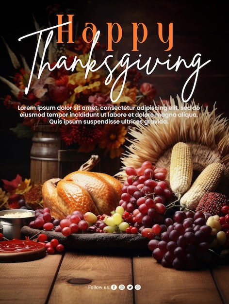 PSD poster for thanksgiving with a basket of pumpkins and a basket of leaves