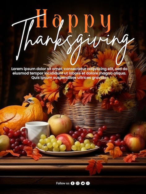 PSD poster for thanksgiving with a basket of pumpkins and a basket of leaves